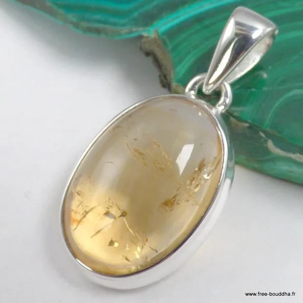 Pendentif Citrine cabochon ovale à inclusions - argent - Bijoux en Citrine