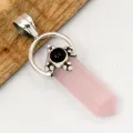 Pendentif Quartz rose naturel et Onyx noir cabochon - Pendentifs pierres naturelles