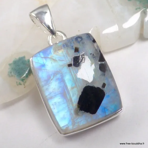Pendentif Pierre de Lune fragments de Tourmaline - Bijoux en Pierre de lune