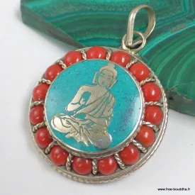 Pendentif Bouddha en métal et pierres fantaisie, bleu turquoise.