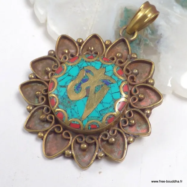 Pendentif Om tibétain laiton vieilli - 6 cm - Népal - Pendentifs tibétains bouddhistes