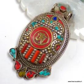 Gros pendentif Om tibétain, laiton et pierres 6,5 cm - Pendentifs tibétains bouddhistes