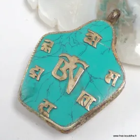 Pendentif tibétain Ghau en métal et pierres, artisanal.