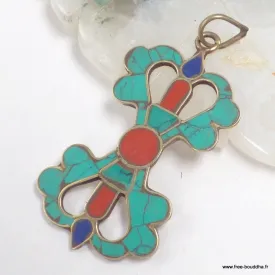 Pendentif tibétain Dordjé vajra couleur turquoise - Pendentifs tibétains bouddhistes