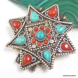 Pendentif ghau tibétain étoile, boîte à prière corail et turquoise