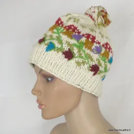 Bonnet népalais écru à pompon, laine tricotée main, doublé polaire - Gants , bonnets népalais