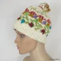 Bonnet népalais écru à pompon, laine tricotée main, doublé polaire - Gants , bonnets népalais
