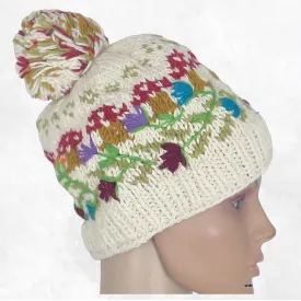 Bonnet népalais écru à pompon, laine tricotée main, doublé polaire - Gants , bonnets népalais