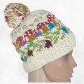Bonnet népalais écru à pompon, laine tricotée main, doublé polaire - Gants , bonnets népalais