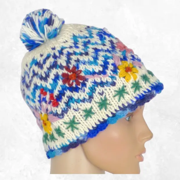 Bonnet en laine du Népal bleu et blanc, bord festonné - Gants , bonnets népalais