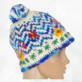 Bonnet en laine du Népal bleu et blanc, bord festonné - Gants , bonnets népalais