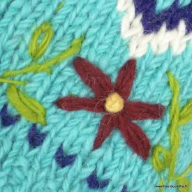 Bonnet ethnique turquoise en laine, fleurs brodées, doublé polaire - Gants , bonnets népalais