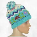 Bonnet ethnique turquoise en laine, fleurs brodées, doublé polaire - Gants , bonnets népalais