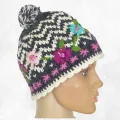 Bonnet en laine noir et blanc à chevrons, fleurs roses brodées - Gants , bonnets népalais