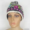 Bonnet en laine noir et blanc à chevrons, fleurs roses brodées - Gants , bonnets népalais