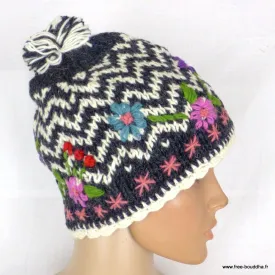 Bonnet à pompon zigzag gris et blanc brodé de fleurs - Bonnets en laine du Népal