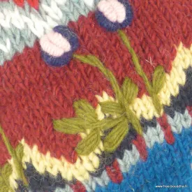Bonnet à oreillettes rouge et bleu brodé de fleurs - Bonnets en laine du Népal