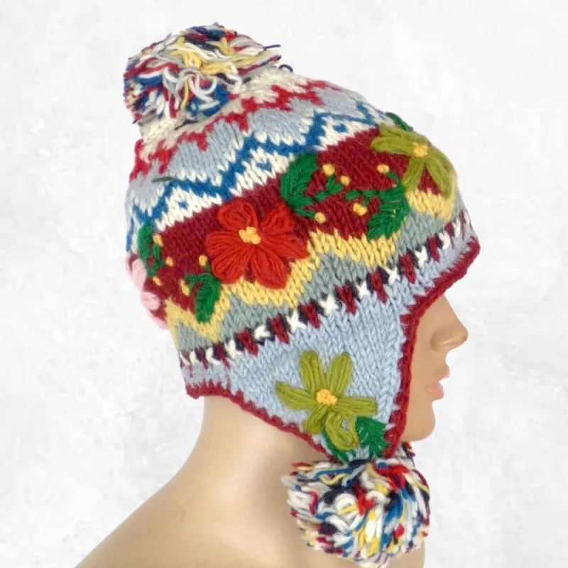 Bonnet tricoté main à oreillettes gris et bordeaux - Bonnets en laine du Népal