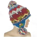 Bonnet à oreillettes rouge et bleu brodé de fleurs - Bonnets en laine du Népal