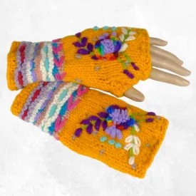 Mitaines femme en laine safran fleur lilas, chaudes et artisanales - Mitaines en laine du Népal