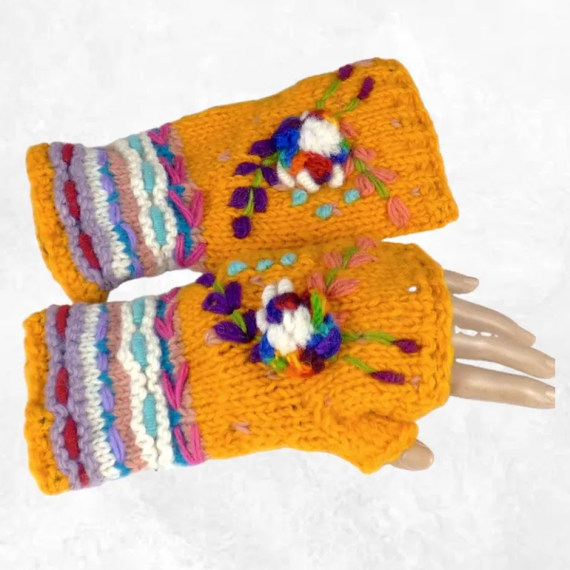 Mitaines jaunes femme en laine, fleur blanche brodée, chaudes - Mitaines en laine du Népal