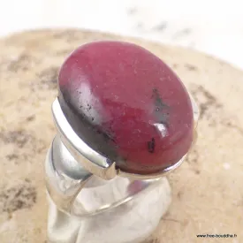 Bague rhodonite ovale rose vif et liseré noir en argent 925 - taille 53 - Bagues pierres naturelles