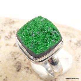 Bague grenat vert uvarovite carrée en argent 925, druse de cristaux verts