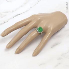 Bague grenat vert uvarovite carrée en argent 925, druse de cristaux verts