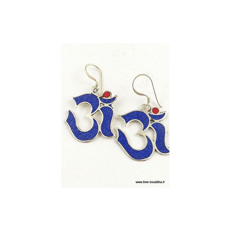 Boucles d'oreilles tibétaine Om Lapis lazuli Bijoux tibetains bouddhistes ABN7.1