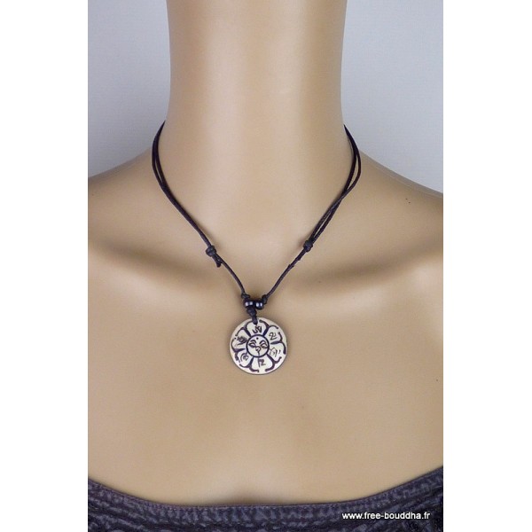 Collier bouddhiste Mantra de Chenrezi Os de buffle blanc Bijoux tibetains bouddhistes WN27