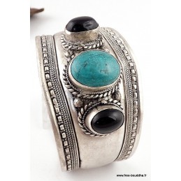 Gros Bracelet tibétain Turquoise Onyx noir Bijoux tibetains bouddhistes ref 03.1
