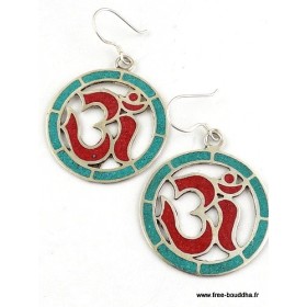 Boucles d'oreilles tibétaines créoles corail turquoise Bijoux tibetains bouddhistes ABN9