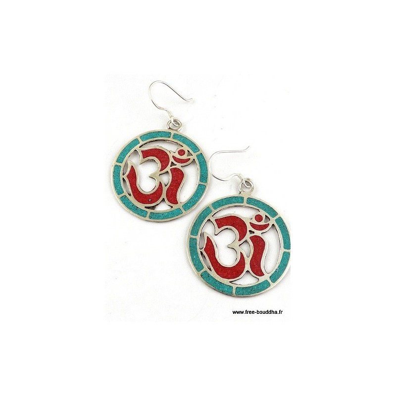 Boucles d'oreilles tibétaines créoles corail turquoise Bijoux tibetains bouddhistes ABN9