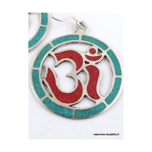 Boucles d'oreilles tibétaines créoles corail turquoise Bijoux tibetains bouddhistes ABN9