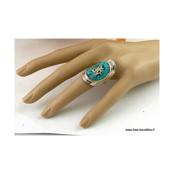 Bague tibétaine Symbole Om en turquoise Bagues tibétaines bouddhistes REF 4181