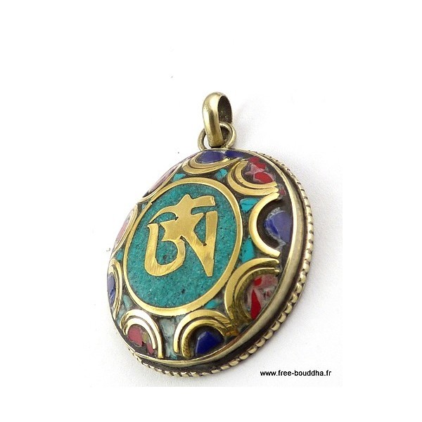 Pendentif orné du Om tibétain couleur turquoise Bijoux tibetains bouddhistes ABT24.1