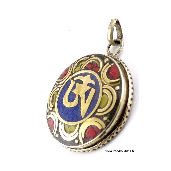 Pendentif orné du Om tibétain couleur lapis lazuli Bijoux tibetains bouddhistes ABT24