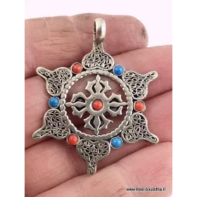 Pendentif tibétain Roue du Dharma et Dorjé - Pendentifs tibétains bouddhistes