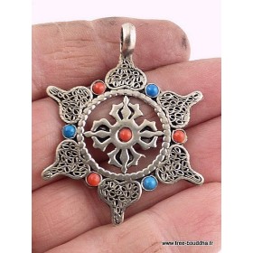 Pendentif tibétain Roue du Dharma et Dorjé Bijoux tibetains bouddhistes PDOR1