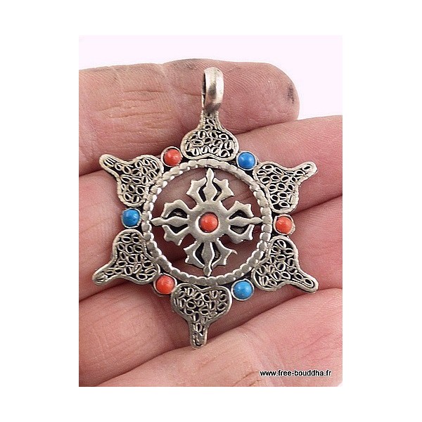 Pendentif tibétain Roue du Dharma et Dorjé Bijoux tibetains bouddhistes PDOR1