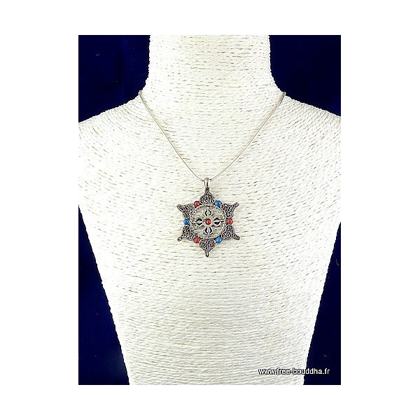 Pendentif tibétain Roue du Dharma et Dorjé Bijoux tibetains bouddhistes PDOR1
