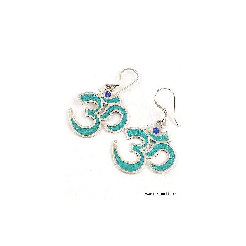 Boucles d'oreilles Om tibétain serties de turquoise Bijoux tibetains bouddhistes ABN7