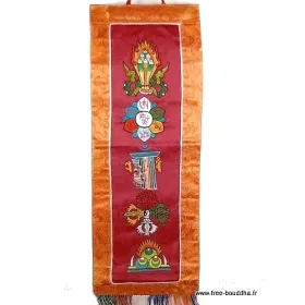 Tenture tibétaine 5 symboles bouddhistes bordeau - Tentures bouddhistes