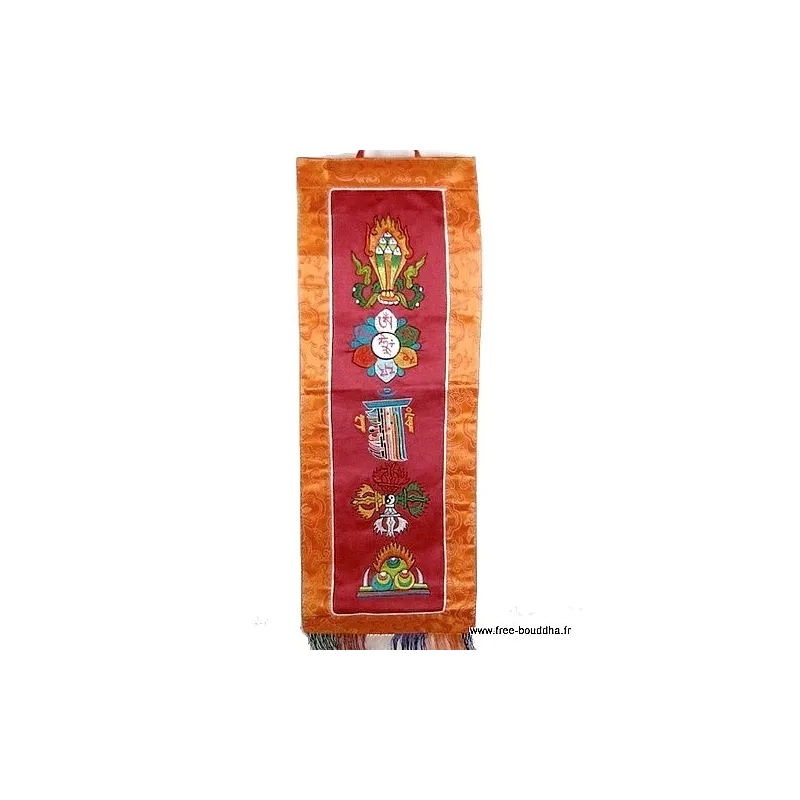 Tenture tibétaine 5 symboles bouddhistes bordeau - Tentures bouddhistes