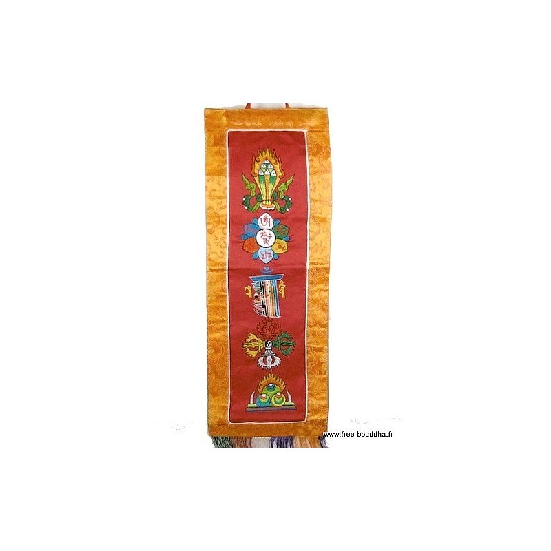 Tenture tibétaine rouge 5 symboles bouddhistes Tentures tibétaines Bouddha TENCS5