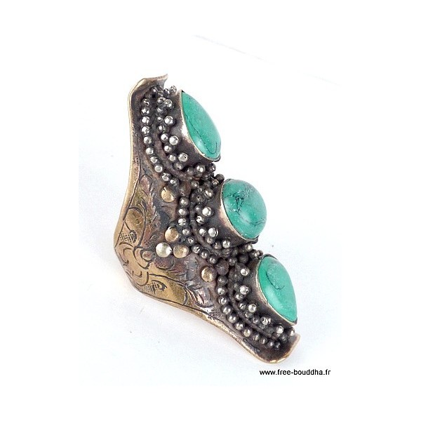 Grosse bague tibétaine 3 Turquoise Bagues tibétaines bouddhistes GBTU