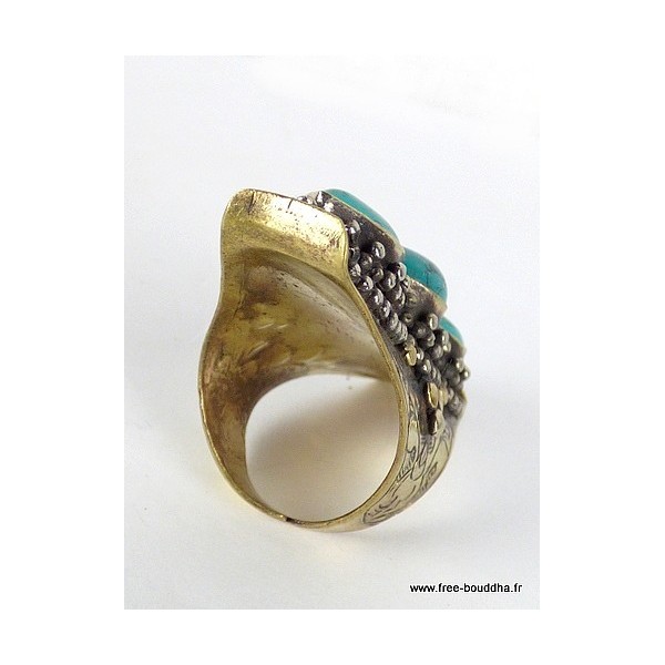 Grosse bague tibétaine 3 Turquoise Bagues tibétaines bouddhistes GBTU
