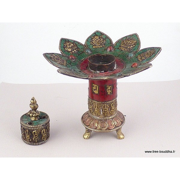 Brûleur d'encens orné des signes auspicieux Encens tibétains, accessoires REF 37.6-a