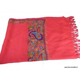 Châle rose en laine brodée motifs ethniques et perles Pashminas laine et broderies CBP12