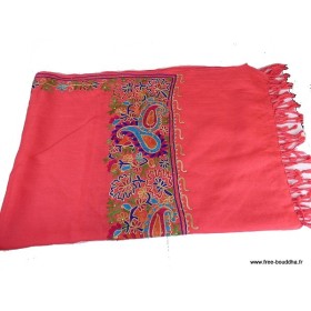 Châle rose en laine brodée motifs ethniques et perles Pashminas laine et broderies CBP12